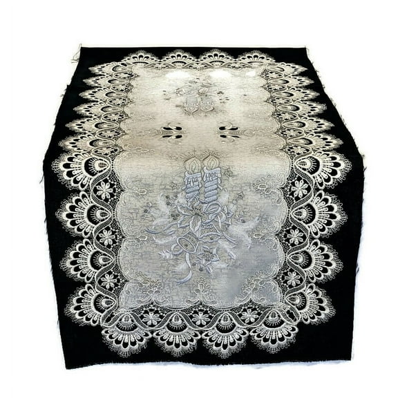 Doily Boutique Christmas Table Runner with White Candles and Lace on Antique White Fabric Size 70 x 16 inches