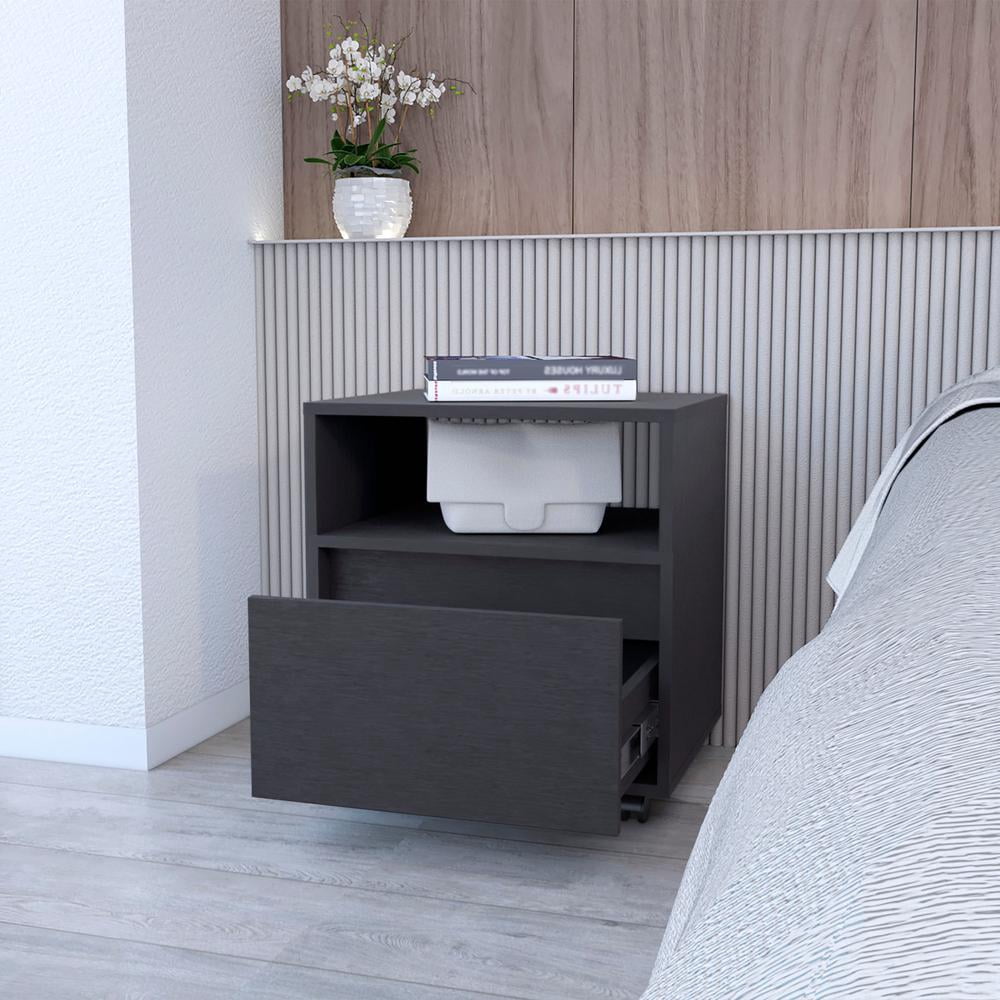 HomeRoots 518168 21 in. One Drawer Nightstand with Integrated Tech, Black