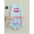 thumbnail image 5 of BemeyourBBs Toddler Baby Girl Golf Outfit Cute Infant Baby Girls Summer Clothes Golf Cart Embroidery Stripe Print Ruffled Tank Tops with Tiered Skirt Shorts 2Pcs Set, 5 of 10