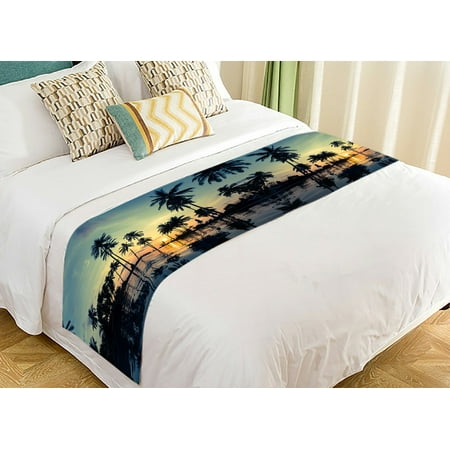 Bed Scarves GCKG Seascape Bed Runner, Beautiful Sunset on Tropical Beach with Palm Tree Bed Runners Scarves Bed Decoration 20x95 inch ()