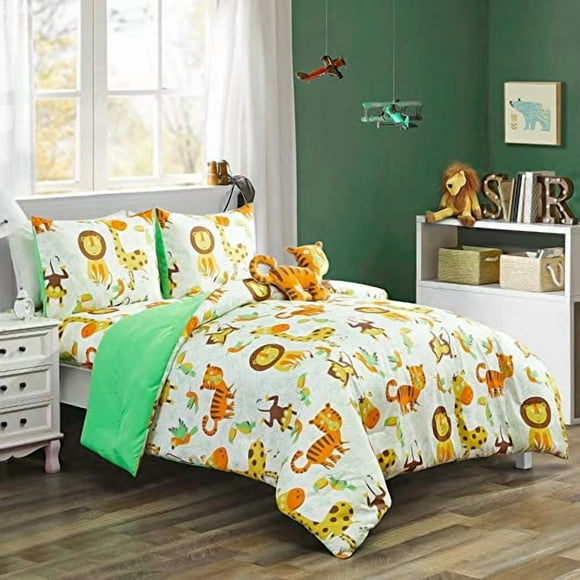 WPM Collection Enfants Literie 4 Pcs Blanc Vert Safari Forêt Jungle Imprimé Ensemble de Couette Taille Simple avec Drap Taie d'Oreiller et Jouet en Fourrure Thème Tigre Singe Design Amusant (Vie Safari, Couette Simple)