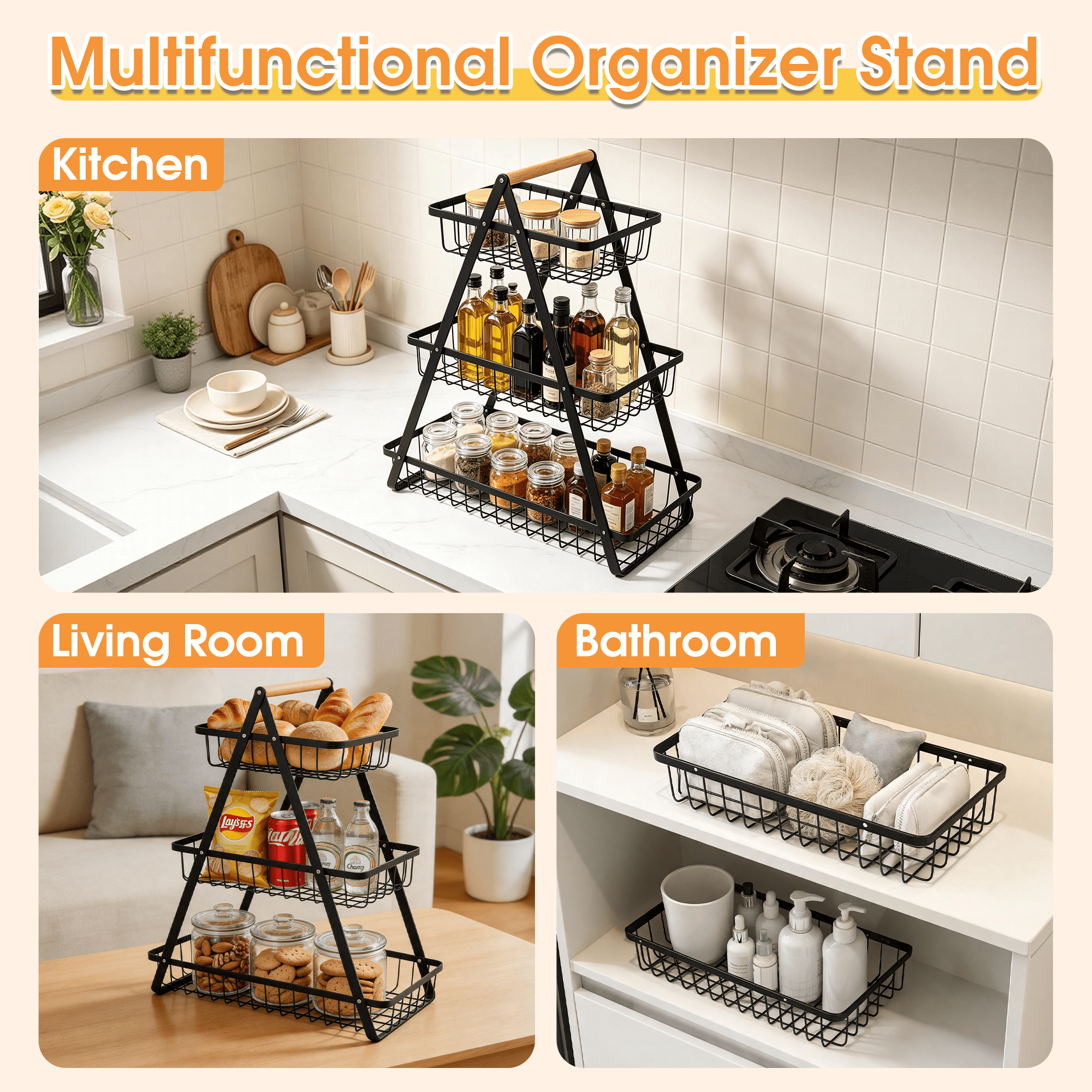 3 Tiers Fruit Basket, Kitchen Countertop Storage Basket with Wooden Handle, Metal Fruit Bowl Kitchen Office Dining Organizer for Fruit, Vegetable, Snacks