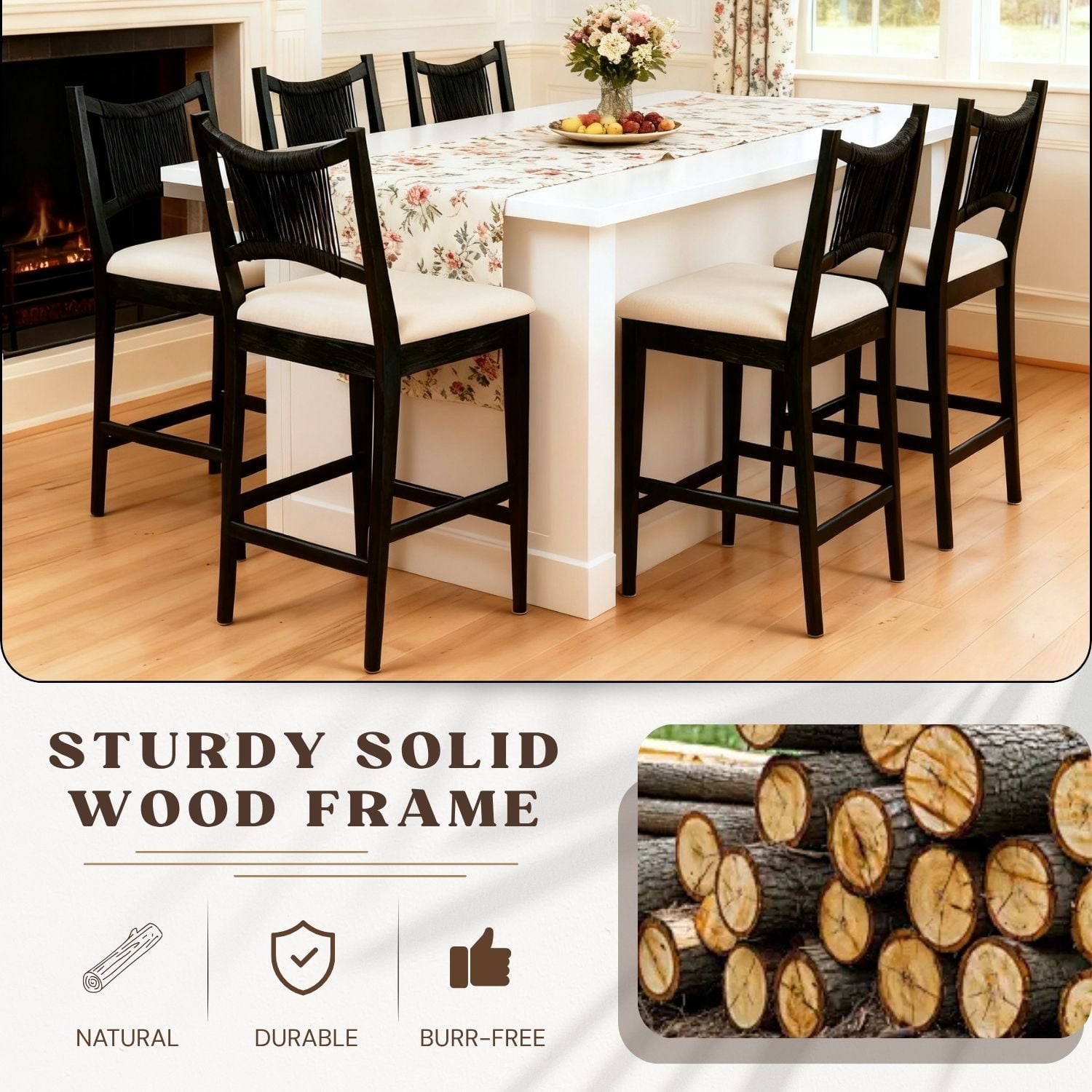 Dayalane Farmhouse Bar Stools Set of 4, 25.5" Counter Height Bar Stools with Paper Cord Woven Back and Solid Wood Frame, Chenille Upholstered Kitchen Island Chairs for Dining Room Home Bar, Black