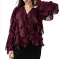 thumbnail image 3 of Blusa Informal Elegante para Mujer, de Larga, con Cuello en V y Volantes, Ideal para Oficina y Trabajo. Vino Tinto M, 3 of 10