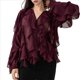 thumbnail image 3 of Blusa Informal Elegante para Mujer, de Larga, con Cuello en V y Volantes, Ideal para Oficina y Trabajo. Vino Tinto L, 3 of 10