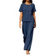 thumbnail image 2 of Cagogo Women Plus Size 2 Piece Outfits Round Neck Short Sleeve Tshirt Wide Leg Pants Casual Summer Cruise Tracksuit Loungewear Set for Travel Beach Vacation, Navy 5XL, 2 of 8