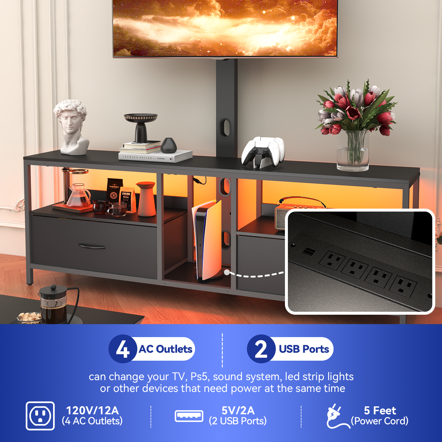 BEHOST TV Stand with Mount and Fabric Drawers for 65" TV photo 6