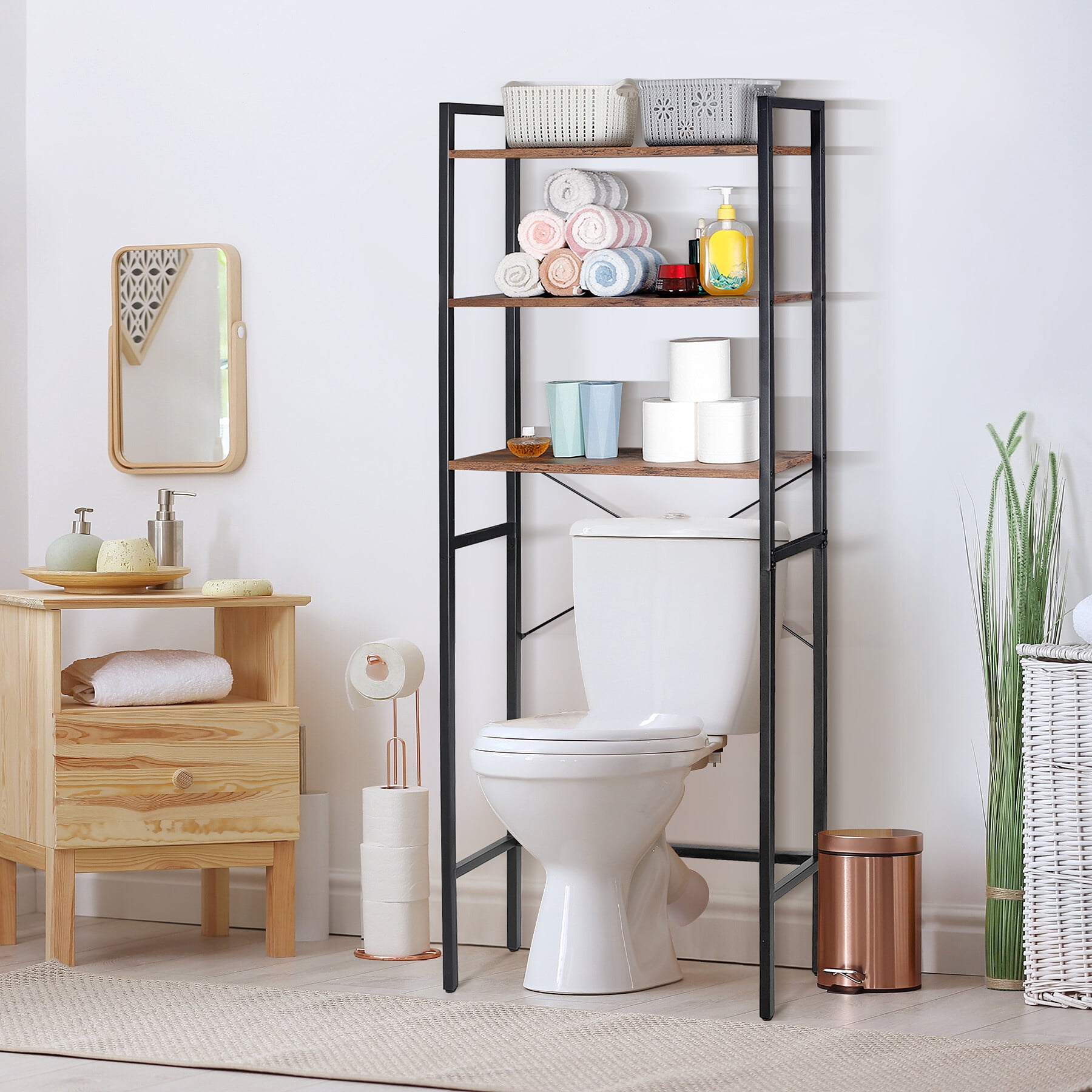 HomGarden Over-The-Toilet Storage 3-Shelf Industrial Bathroom SpaceSaver MDF Organizer Rustic Brown