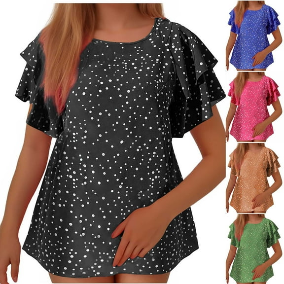 Women's Plus Size Ruffle Short Sleeve Blouse Dressy Casual Round Neck Tunic Tops Summer Trendy Dot Print Loose Fit Shirts