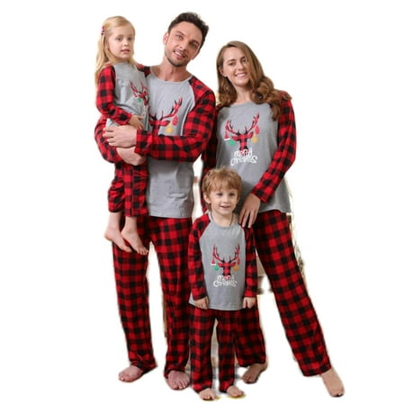 

AMILIEe Family Matching Christmas Pajamas Set Long Sleeve Elk Print Tops Plaid Pants Sleepwear Pjs