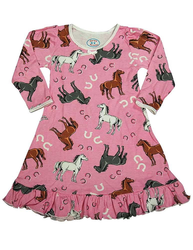 Saras Prints Little Girls Long Sleeve Pinto Ponies Ruffle Pajamas Pink 37975-2