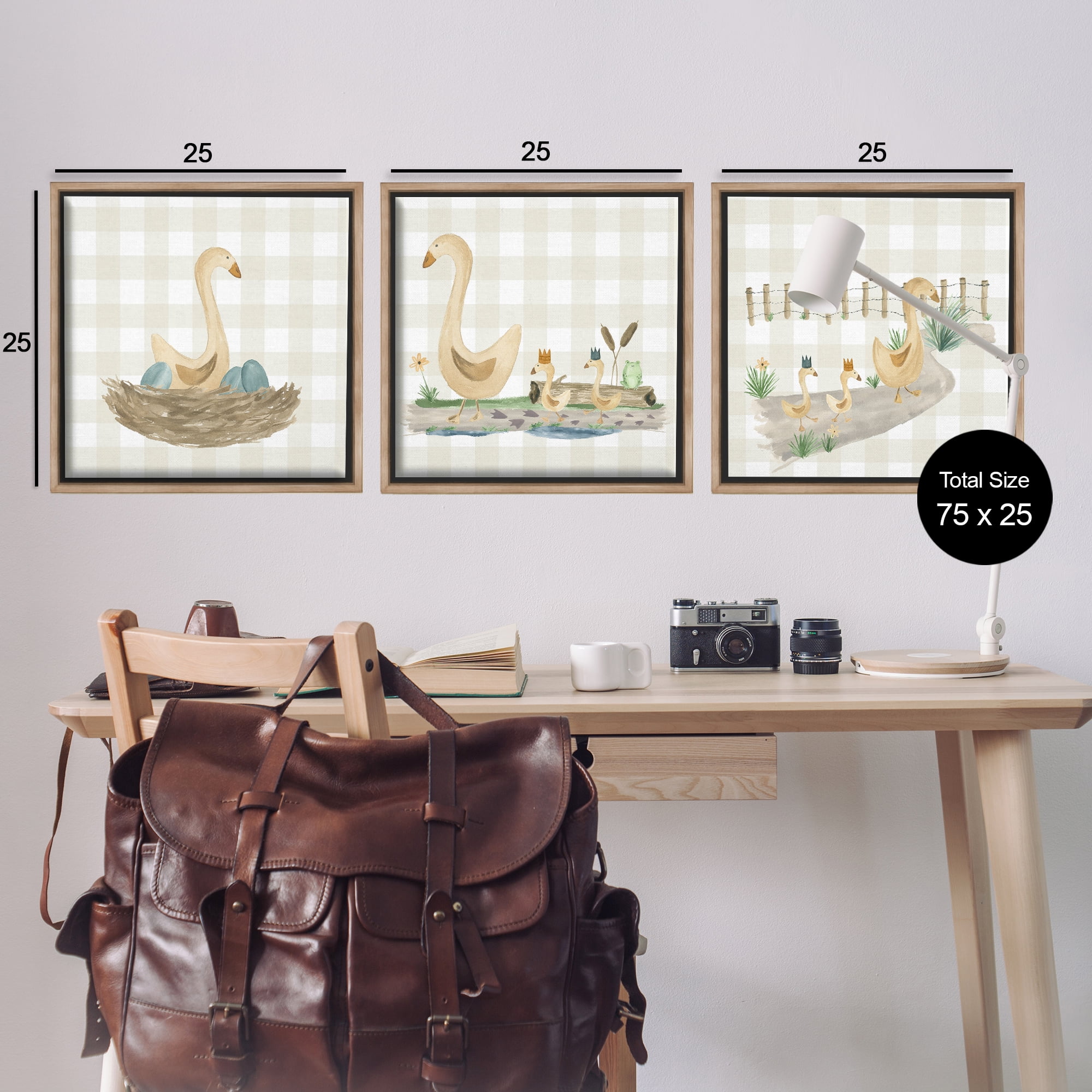 Stupell Industries Mama Goose & Ducklings Animals Painting Brown Floater Framed Canvas Art Print Wall Art, 25 x 25, Set of 3