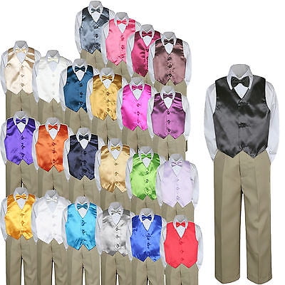 

23 Color 4pc Boys Suits Vest Bow Tie Set Baby Toddler Kid Formal Khaki Pants S-7