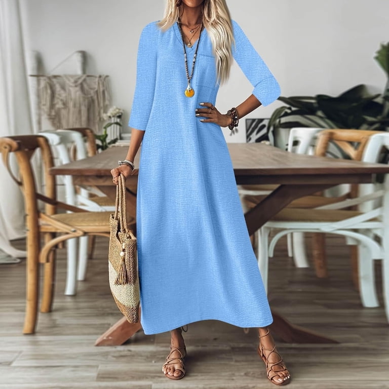 v neck maxi linen slip dress Aellinatey Women's V-neck long with three-quarter sleeves, solid color long dress, Size: Small, Blue this dress is the perfect choice for warm Black Linen Slip Dress for