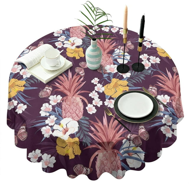 Nappe Ronde à Motif d'Ananas, Nappe Résistante aux Plis en Polyester, Nappe Imperméable et Réutilisable pour Cuisine, Pique-Nique, Fête (Ronde, 60x60 Pouces)