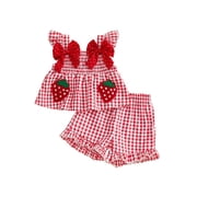 Loicainy Toddler Baby Girl Summer Outfit 6 9 12 18 24 Months 2T 3T Strawberry Embroidered Plaid Bows Ruffled Trim Tank Tops and Shorts 2 Pcs Clothes Set