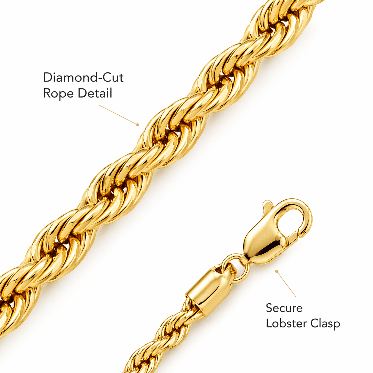 Bling Trax 14K Gold Filled Rope Chain Necklace, Cadena de Oro 3.8mm Diamond Cut Gold Chain for Men and Women, 24 Inch
