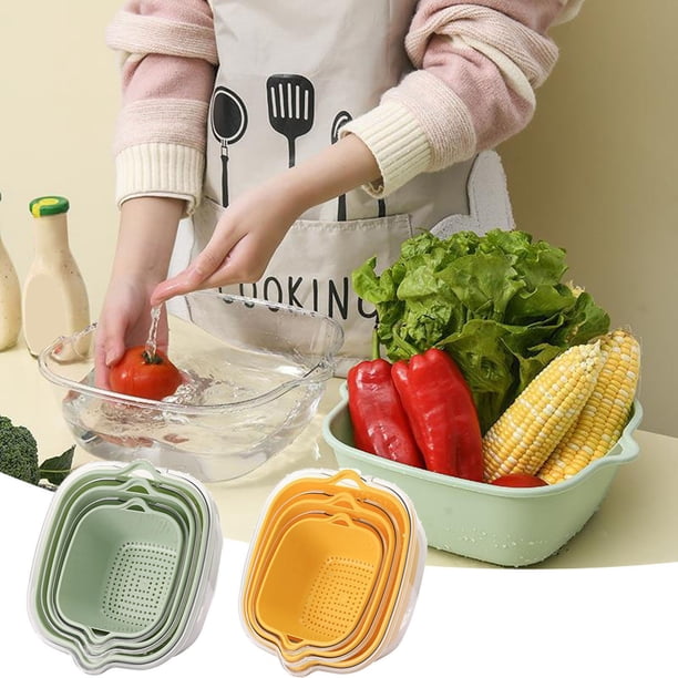 Juego de cestas de lavado de verduras de doble capa | Colador y colador de plástico engrosado de 6 piezas con asas | Tazón de Almacenamiento de Cocina Apilable para Frutas, Pasta, Escurrir y