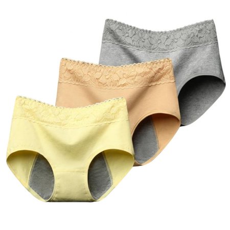 HESHENG 3pcs Women Lace Panties Breathable Cotton Mid-waist Briefs, Menstrual Period Panties Full Coverage Briefs