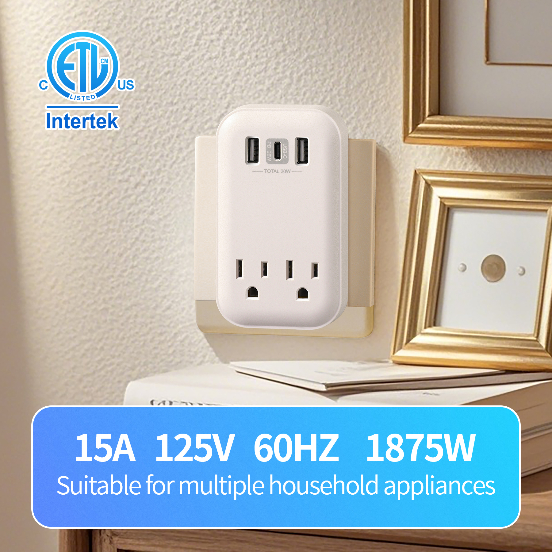 Hyper Tough USB Outlet Extender, 900J Surge Protector, 2 Outlet Splitter with USB-A & USB-C, White