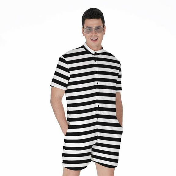 Black And White Striped Pattern Short Sleeve Men'S Rompers Casual Summer Jumpsuits Outfit