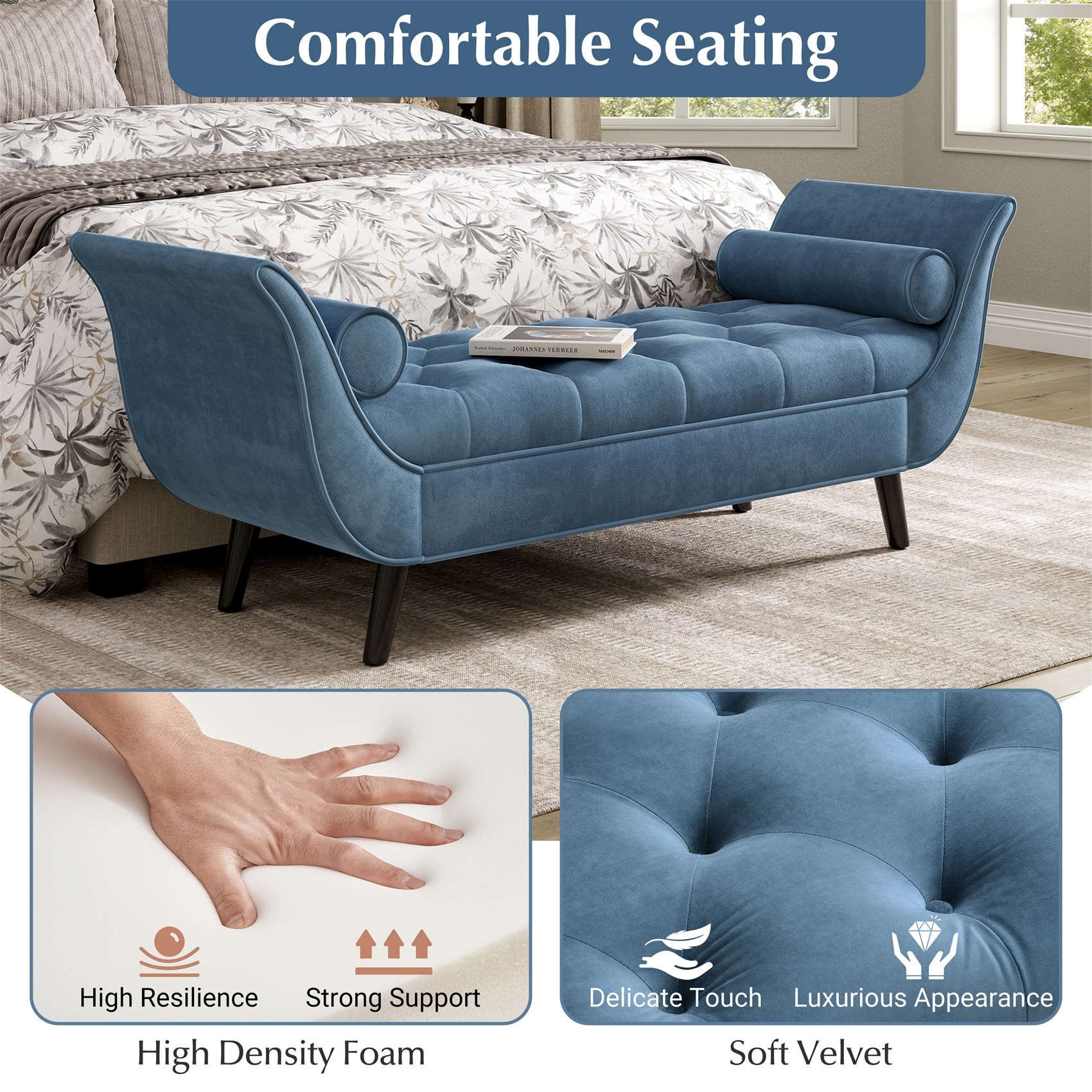 Alvantor Button Tufted End of Bed Benches Velvet Upholstered Bench with Pillows for Bedroom,Living Room, Entryway Blue