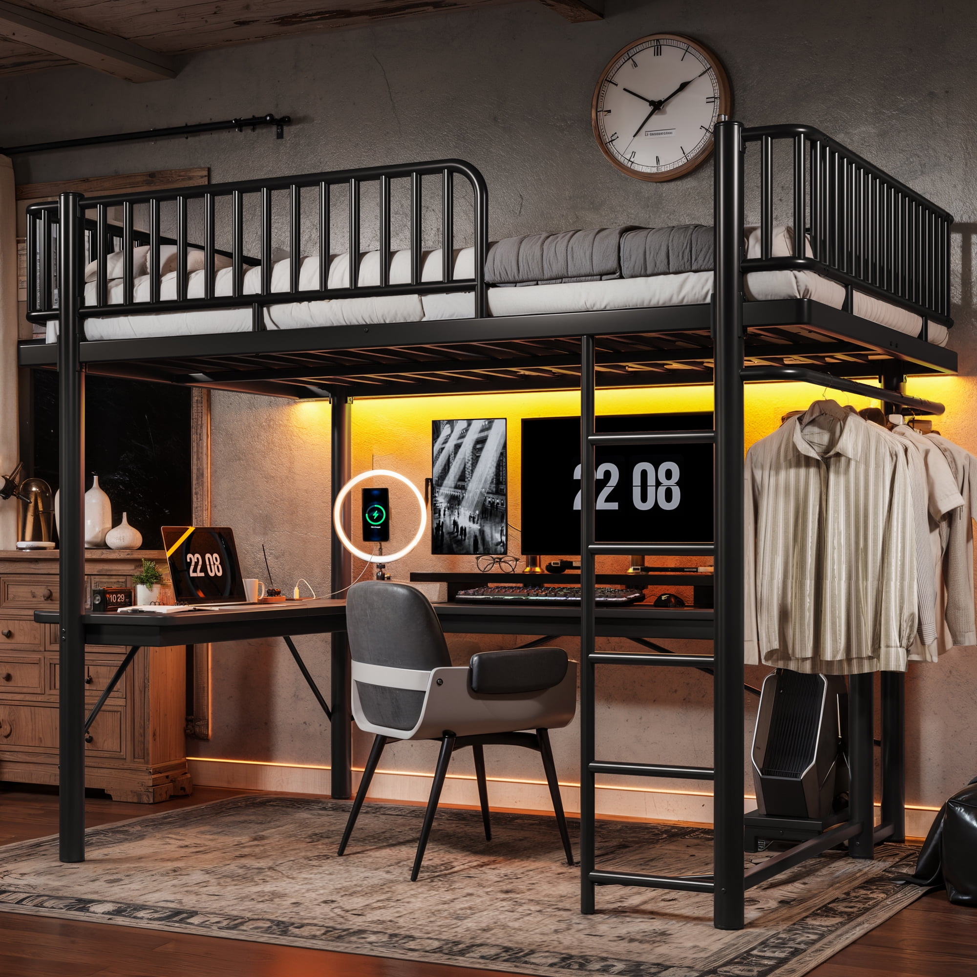 Mintazer Queen Metal Platform Loft Bed with L-Shaped Desk, LED Lights, Charging Station, Hanging Pipe, Safety Rail & PC Tray, Black
