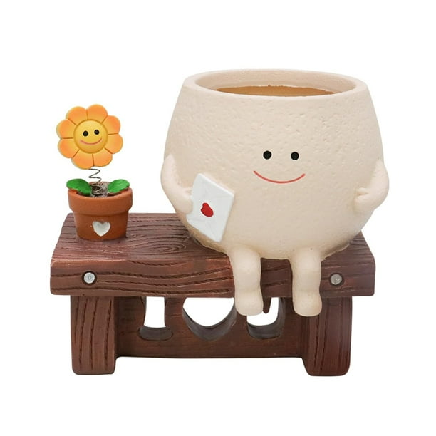 Maceta con Forma de Cara Sonriente, Diseño de Girasol Sentado, de Resina, Ideal para Interiores y Exteriores.