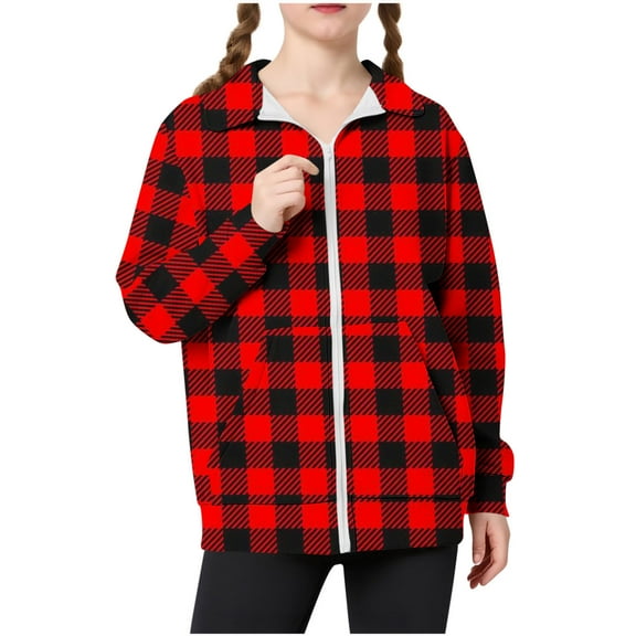 Lenpel Children's Zip up Sweatshirts Boys Girls Long Sleeve Collared Plaid Fleece Jackets Casual Outwear Coats with Pockets(Red,14-15 Years)