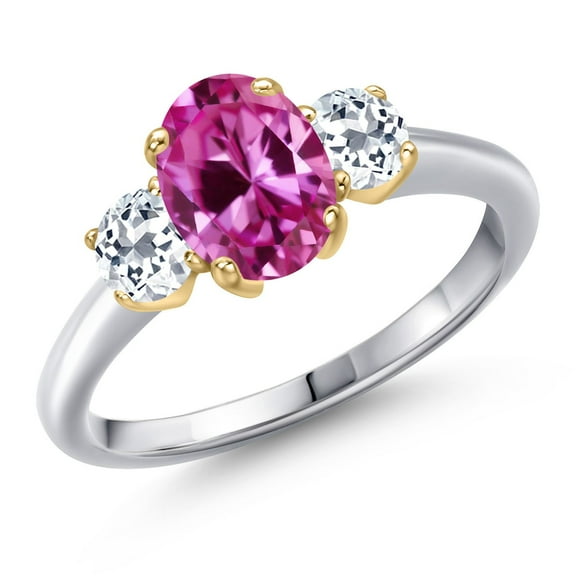 Gem Stone King 925 Silver and 10K Yellow Gold Pink Created Sapphire and White Topaz Engagement Ring for Women | 2.31 Cttw | Oval 8X6MM | Gemstone September Birthstone | Size 5