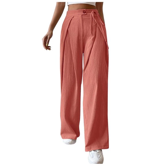 BLVB Cotton Linen Pants for Women High Waisted Lace up Straight Wide Leg Pants Solid Casual Loose Lounge Trousers