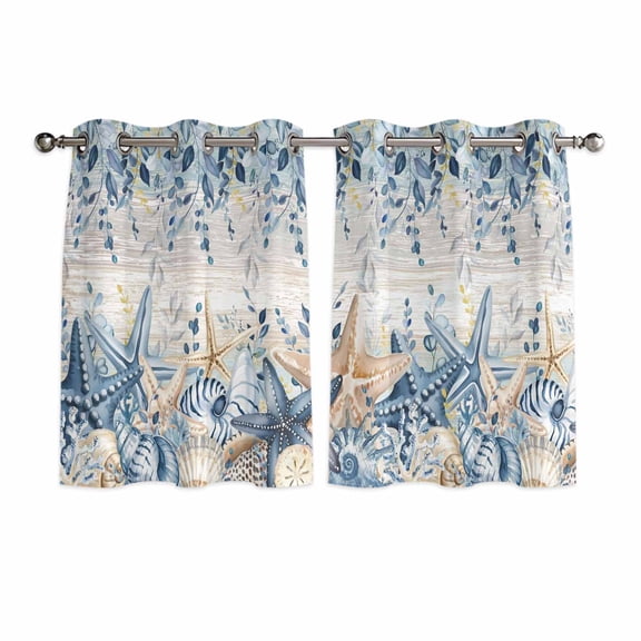 Blue Eucalyptus Coastal Kitchen Curtains Window Panels, Beach Starfish Shell Nautical Vintage Insulated Window Treatment Curtain, Grommet Curtains for Bedroom/Living Room/Bathroom, 2 Piece 52"Wx45"L