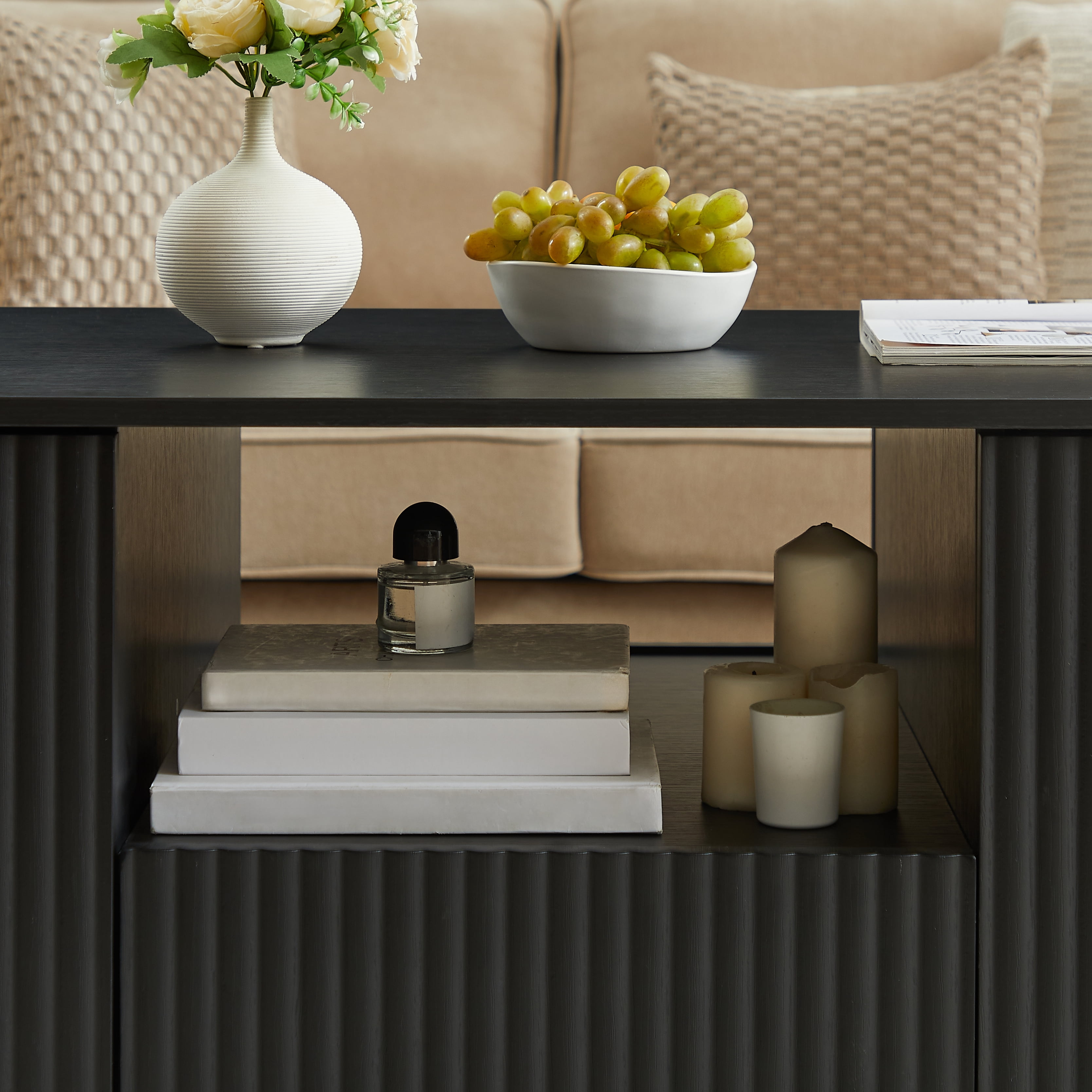 Homy Casa 46.5 in Modern Rounded Coffee Table with Drawer Cabinet Storage for Living Room Black