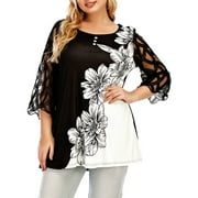 Hugossia Plus Size Women 3/4 Sleeve Tunic Shirt Casual Flroal Print Blouse Tops