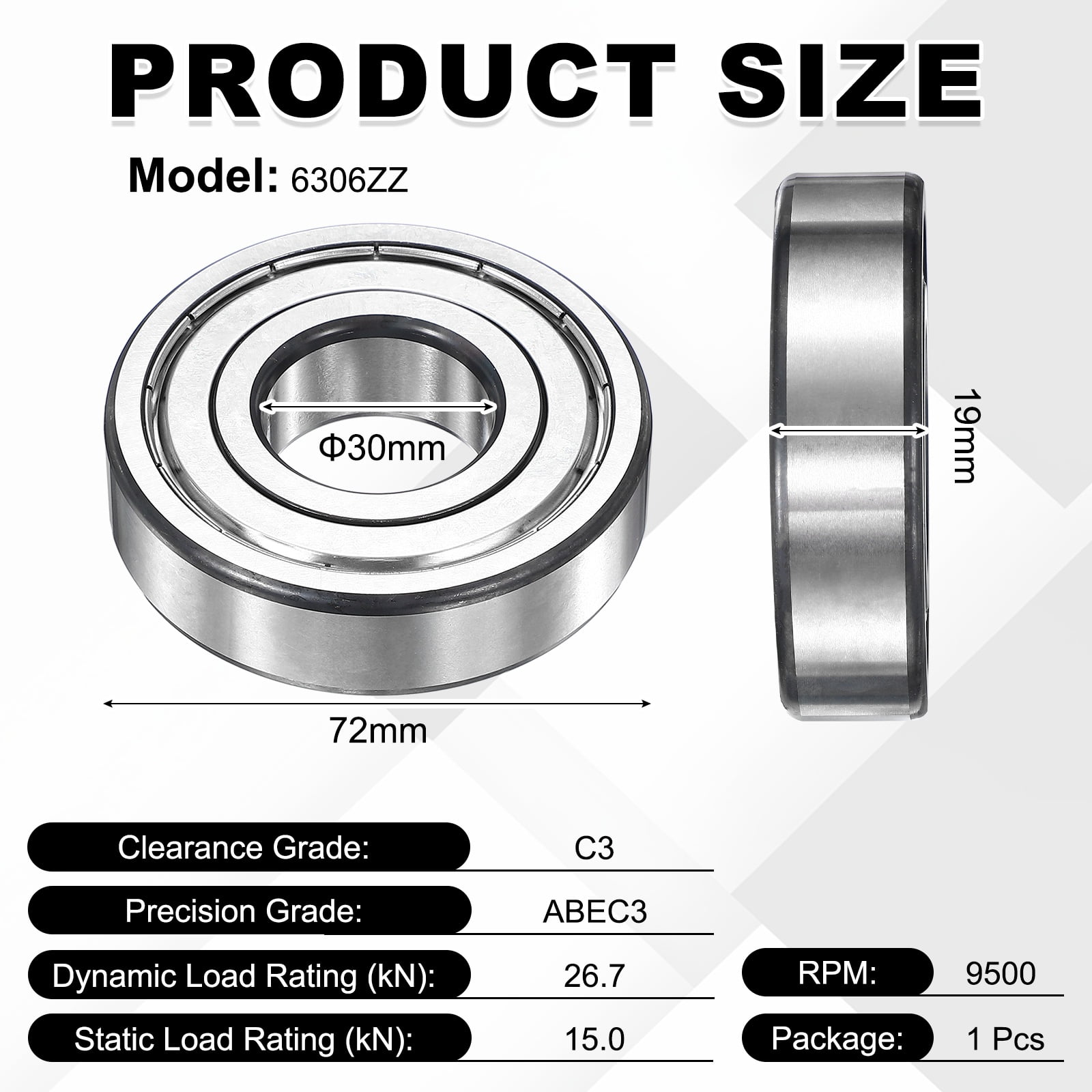 Uxcell 1Pcs 6306ZZ Deep Groove Ball Bearings, 30x72x19 mm High Speed Double Metal Shielded Bearing Pre-Lubricated