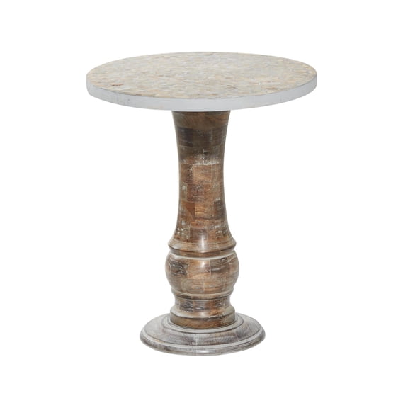 DecMode 18" x 21" Gray Mango Wood Handmade Turned Accent Table with Brown Mosaic Wood Chip Tabletop, 1-Piece