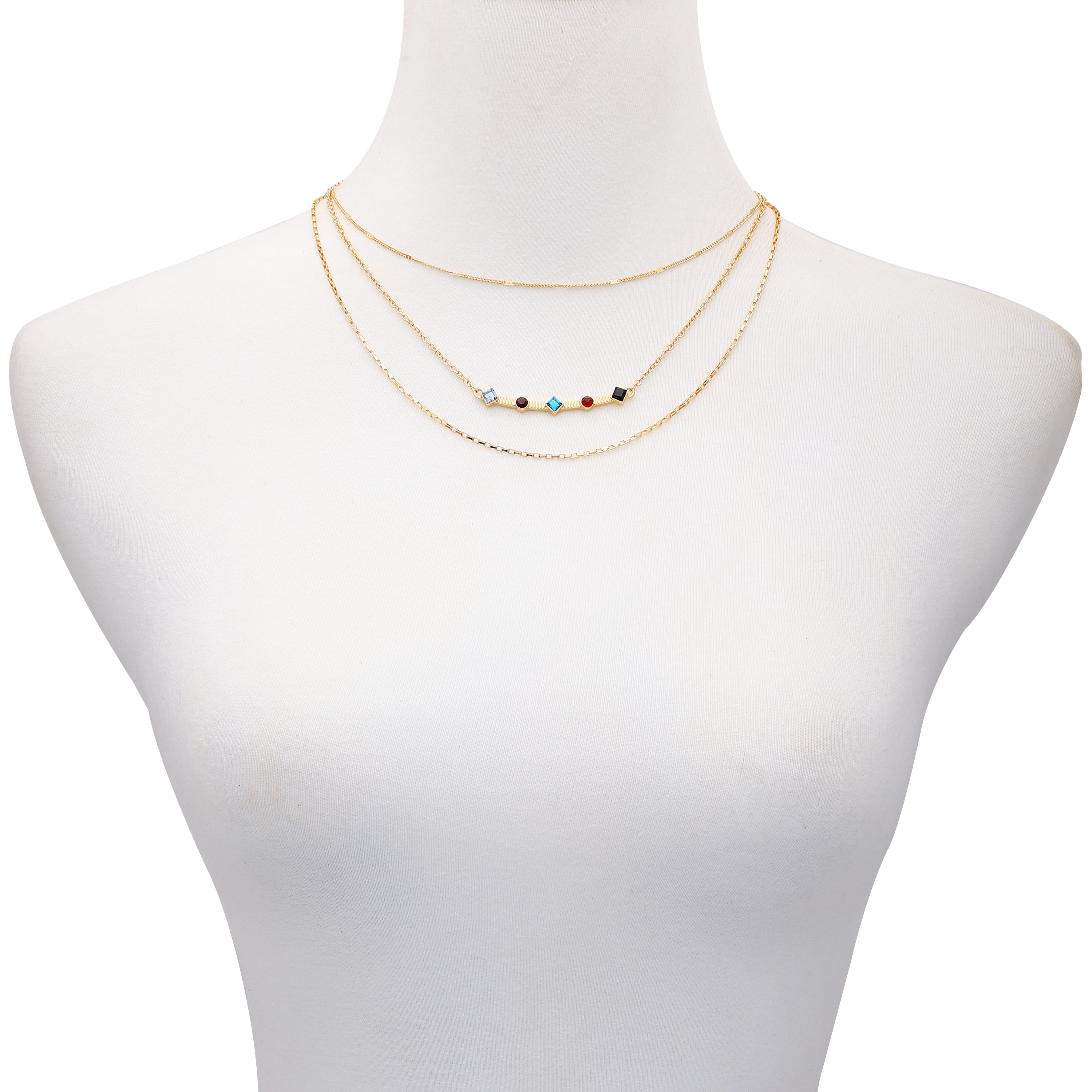 Time and Tru Women's 16" Gold Tone Delicate Layered Necklace with Gemstone Bar Station