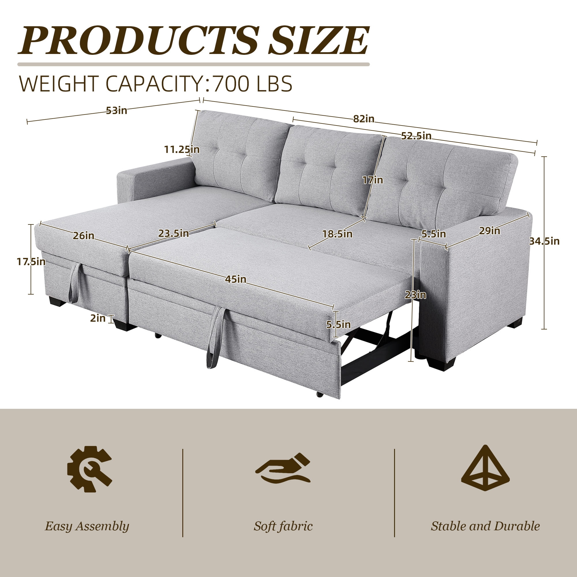 MOONMISS Sectional Sofa Bed with Storage and Soft Seat ,Reversible Pull Out Couch for Living Room,Light Gray