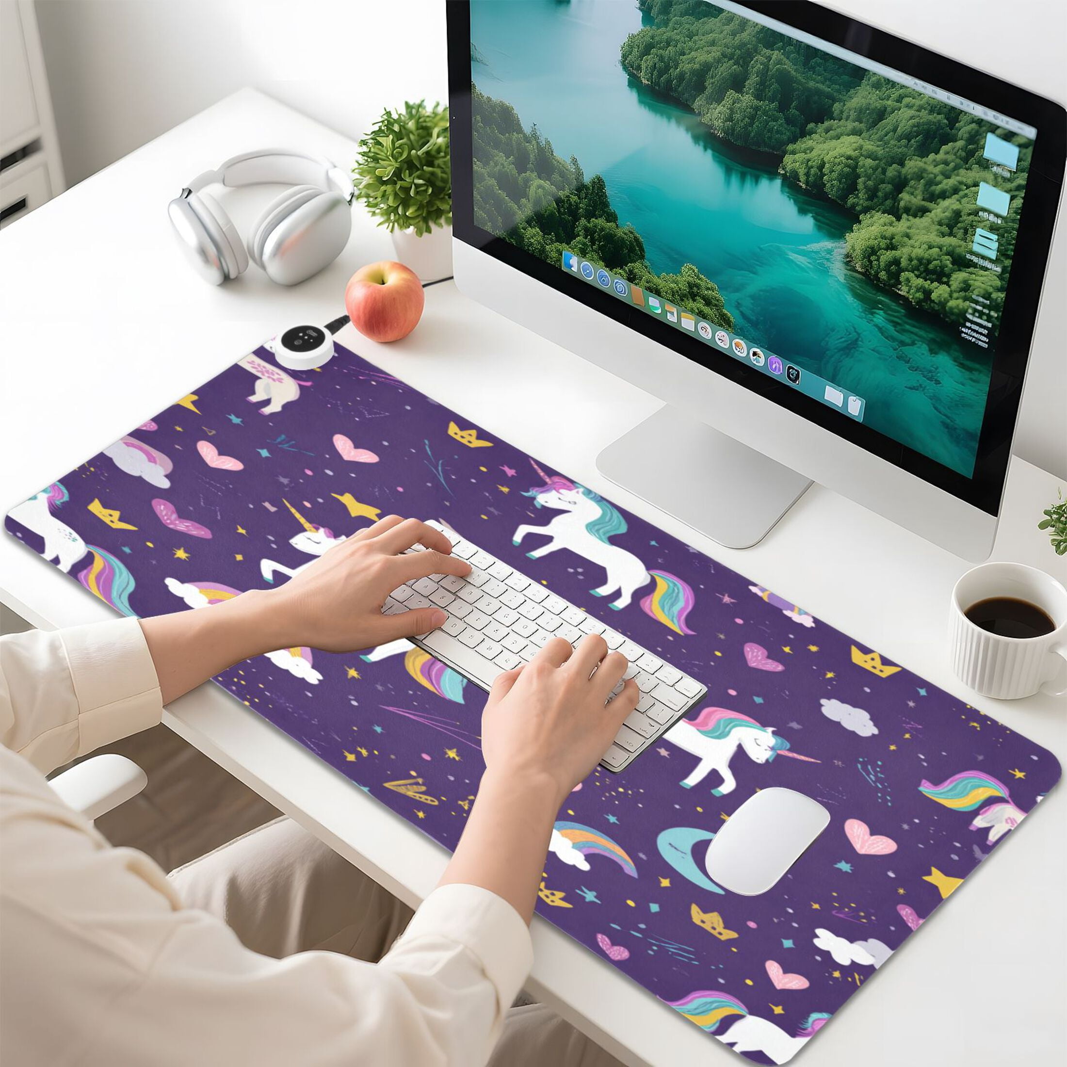 Large Heated Desk Mat Mouse Pad 31.5"x13"PU Leather Graphene Heating Desk Warmer with 3 Temperature Settings 110V US Plug Non-Slip Warm Pad for Home, Office, and Gaming Dark Purple Unicorn Print