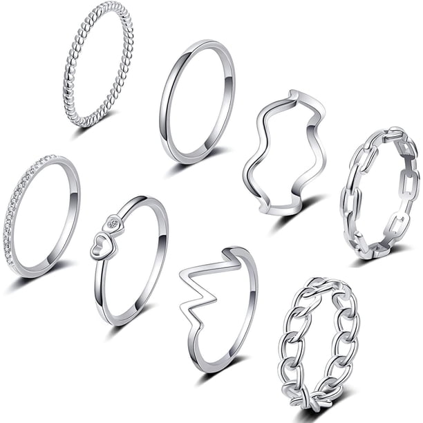 8 Piezas Anillos Apilables de Plata para Mujer Anillos de Nudillos Apilables de Plata Dorada Anillos de Banda de Oro Delicados y Delicados con Pulgar Girado Juego de Anillos de Plata Eternidad con De