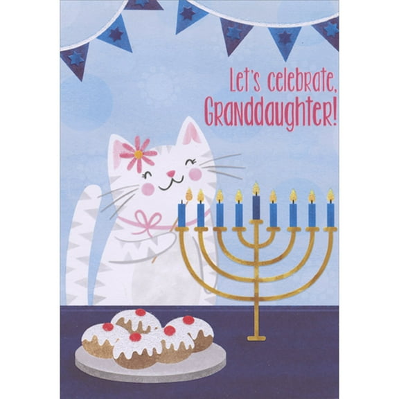 Designer Greetings White Cat with Pink Collar and Pink Flower on Head, Menorah and Treats Juvenile Hanukkah Card for Granddaughter