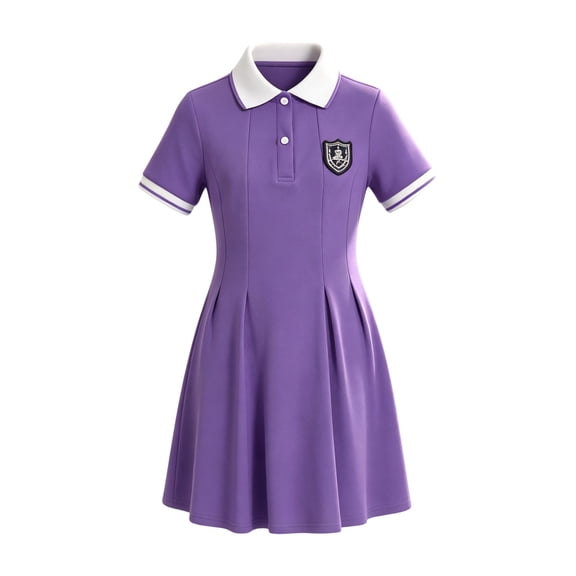 Girls School Uniform Dress Elegant School Style Girl Dress with Color Contrast Collar Defined Waist for Everyday Casual Campus Wear Girls Purple 9 Years