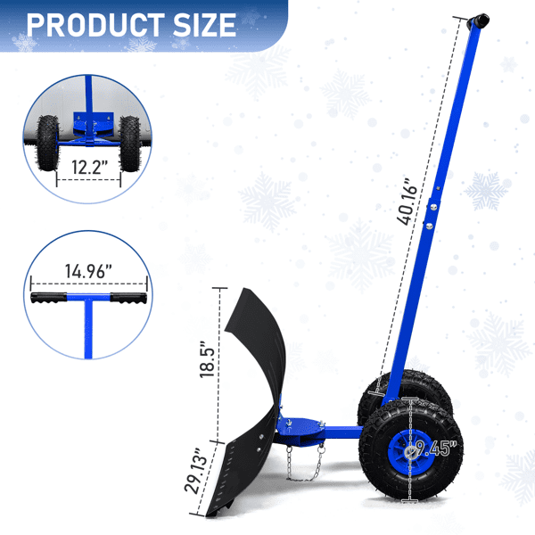Adjustable Snow Plow with Inflatable Wheels, T-Handle Human-Powered Manual Snow Shovel for Driveways & Sidewalks, Iron Blade Snow Removal Tool, Blue & Black