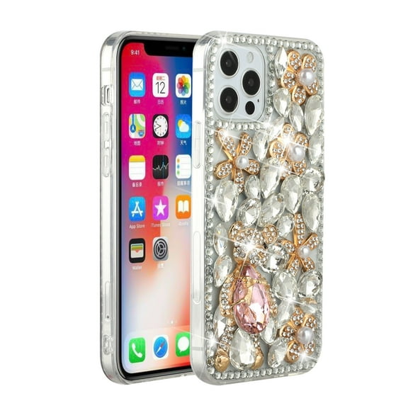 For Apple iPhone 14 Pro (6.1") Bling Crystal 3D Full Diamonds Luxury Sparkle Rhinestone Hybrid Protective Cover ,Xpm Phone Case [ Silver Panda Floral ]