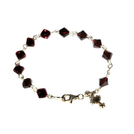 Sterling Silver Child Rosary Bracelet made with Garnet Red Swarovski Crystals (January)