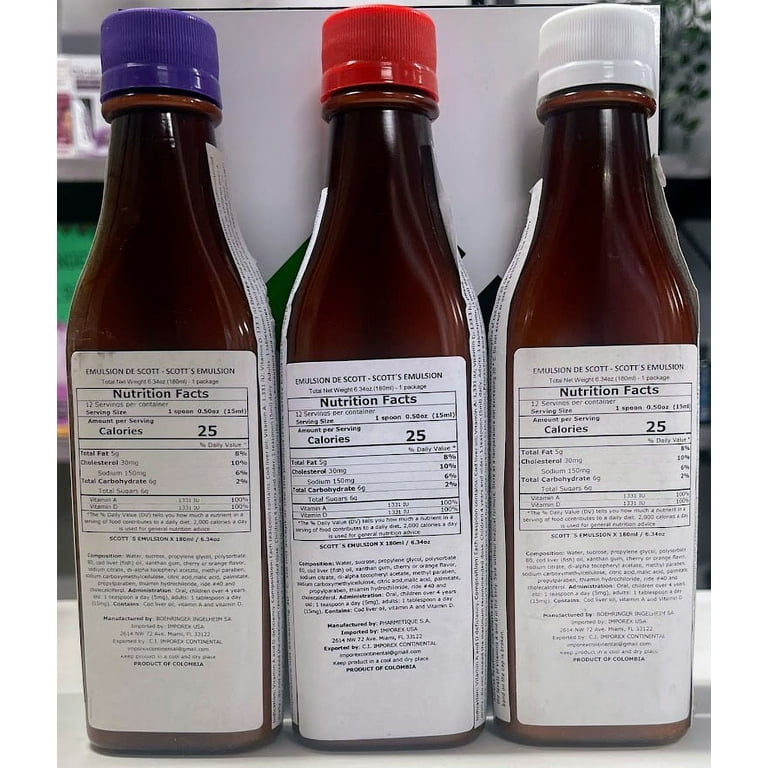 Emulsion de Scott Sabor (1) Tradicional(1)Cherry (1) Frutas Tropicales 3  PACK COMBO / Cod Liver Oil. Traditional flavor. Vitamins A & D. 180ml EACH  