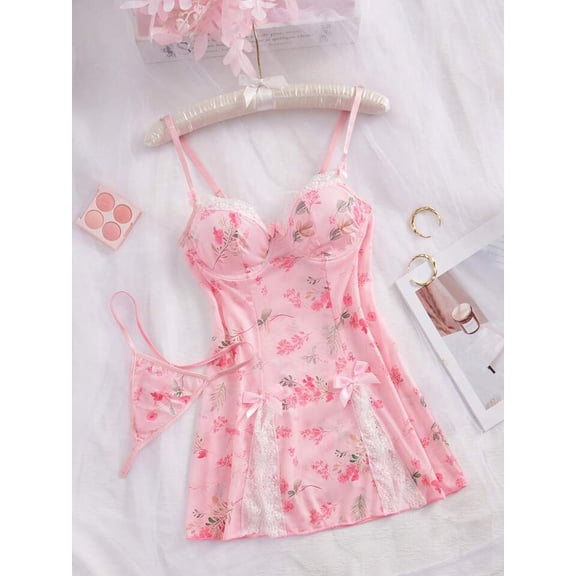 Pink Lace Cami Sleep Lingerie Dress Set