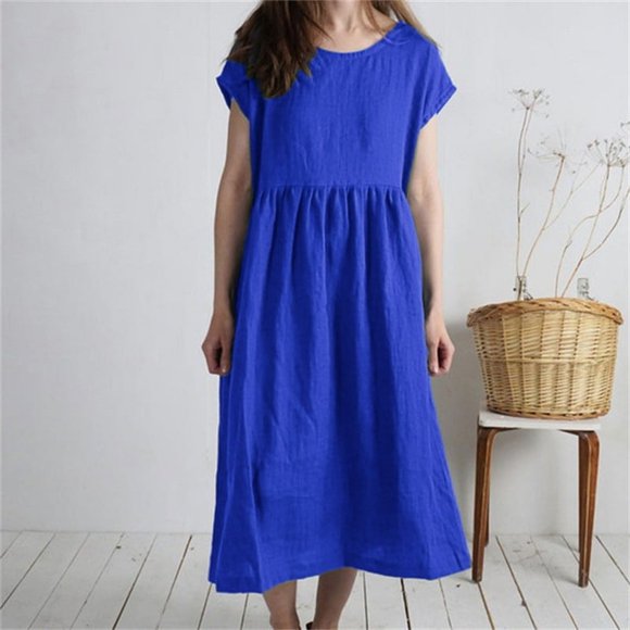 A large number of in stock   dress round neck short sleeve solid color pleated casual cotton and linen dress women