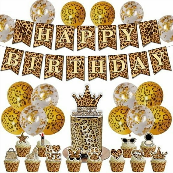 Cheetah Print Birthday Decorations for Girls – 26 PCS Leopard Party Decorations with Happy Birthday Banner, Balloons, Cupcake Toppers, Cake Topper – Party Supplies for Safari Jungle Theme