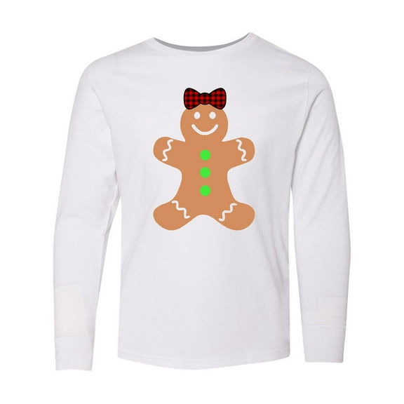 Inktastic Cute Gingerbread Girl with Red Plaid Bow Long Sleeve Youth T-Shirt